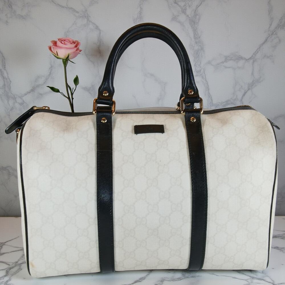 Gucci White GG Supreme Canvas Joy Bag with Black Leather Trim